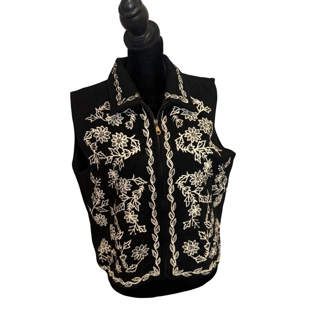 Vintage Wool Blend Zip Front Vest Womens M Floral Embroidered Layering Folk